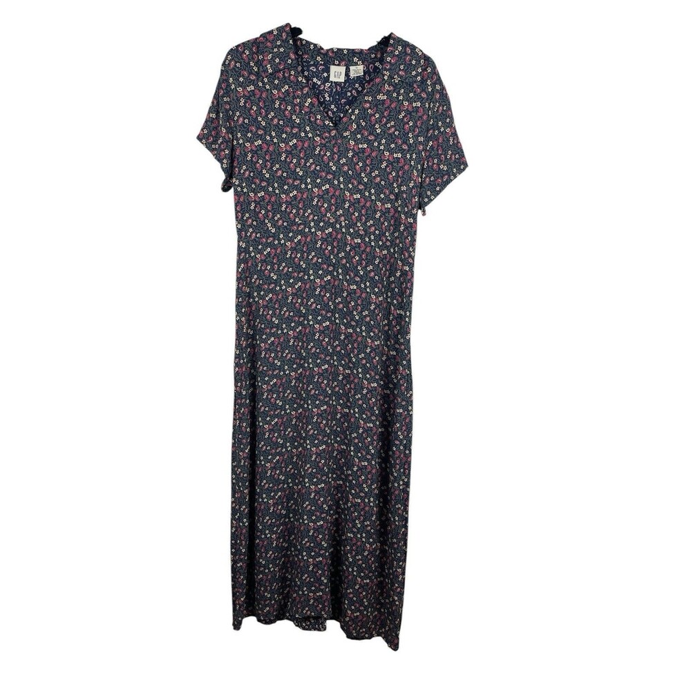 GAP VTG 90s Modest Floral Maxi Dress Blue Pink Cottagecore 14 Short Sleeve